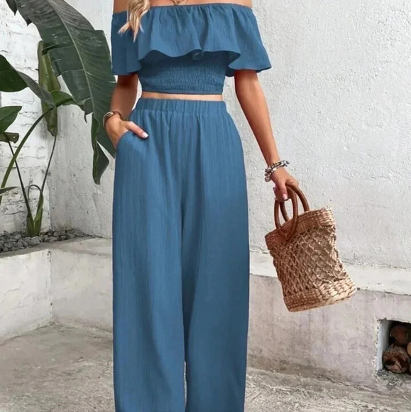 Women's Off-Shoulder Ruffle Trim Top And Wide Leg Pants Two Piece Set - Picture 5 of 6